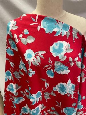 Cotton Satin Floral Print- Red / White / Blue