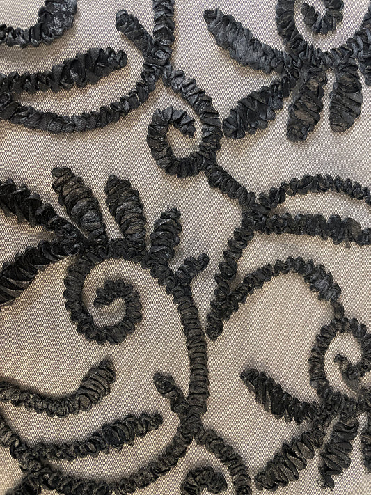 Ribbon Embroidery on Mesh - Black