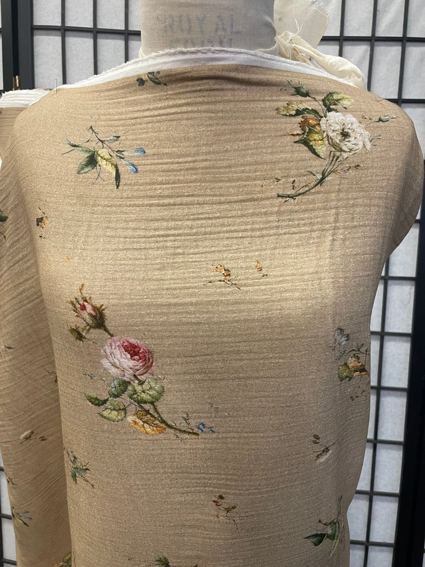 Italian Floral Print Double Layered Cotton - Khaki / Pink / Yellow / Cream