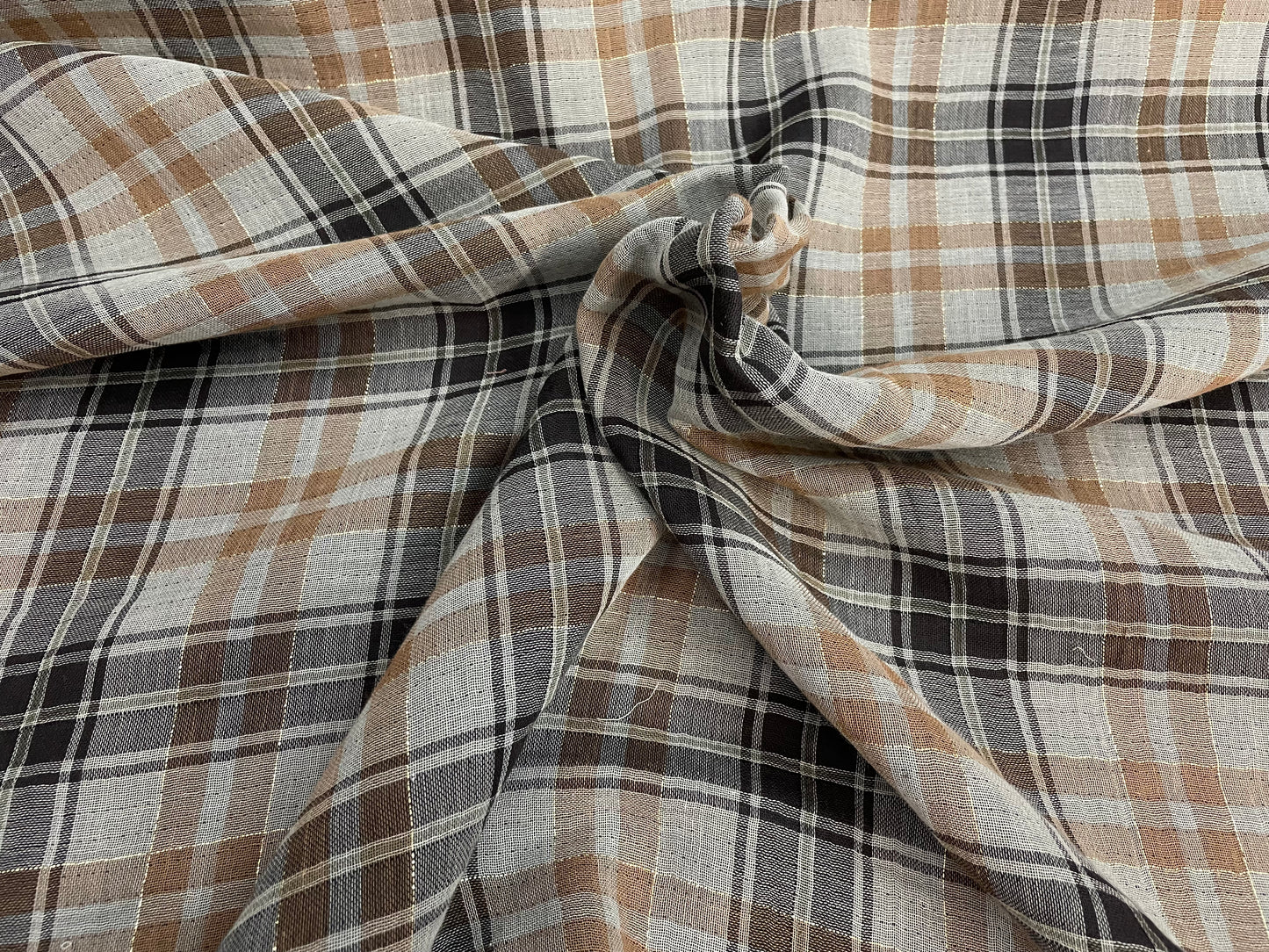 Double Layer Cotton Voile - Plaid - Grey, Brown, Yellow