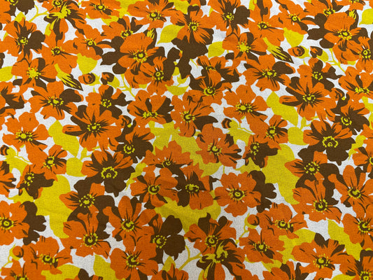Wide Watercolor Floral Print Silk Georgette - White, Tangerine, Brown, Yellow