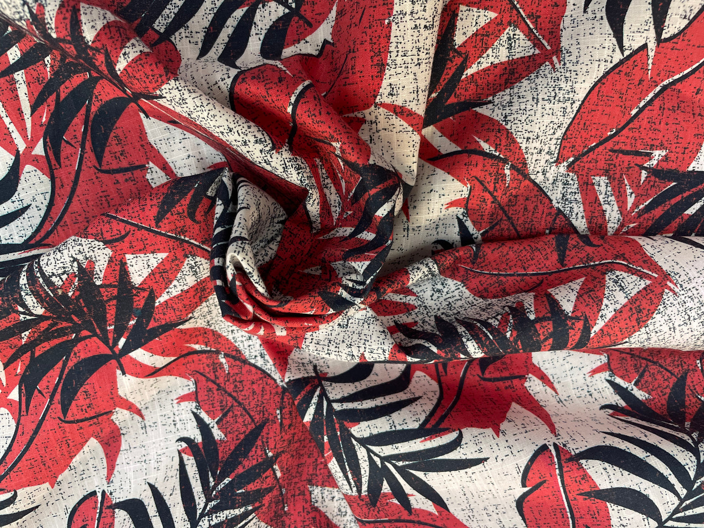 Floral Leaf Print Cotton Poplin - Red, Navy & White