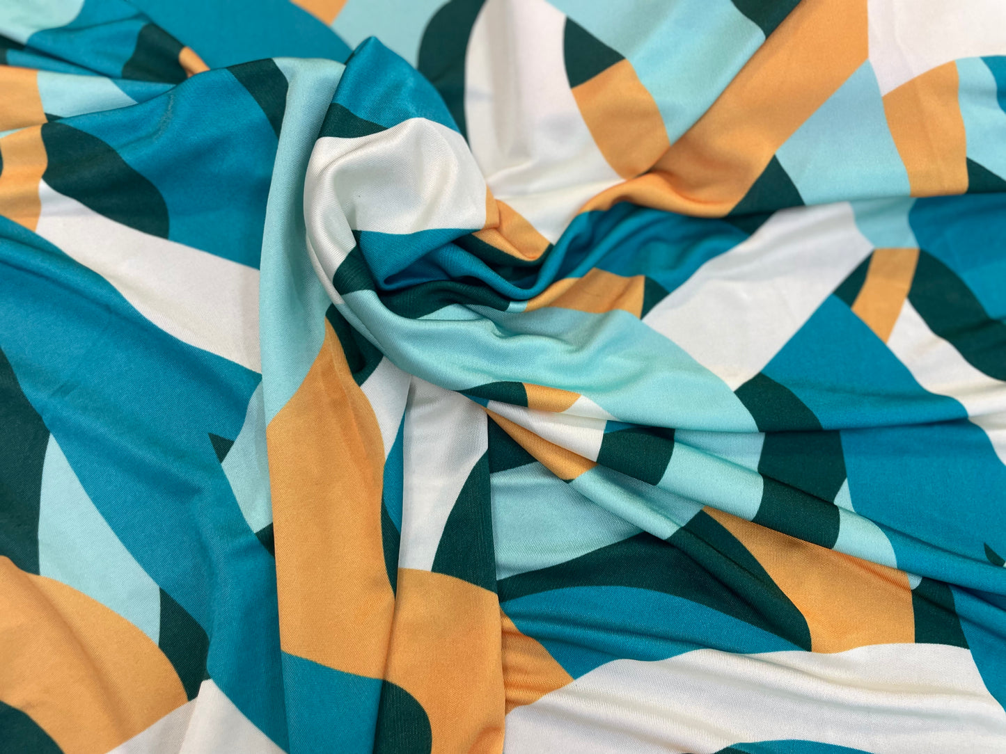 Abstract Swirl Print Rayon Jersey - Blue, Yellow, Teal, White & Orange