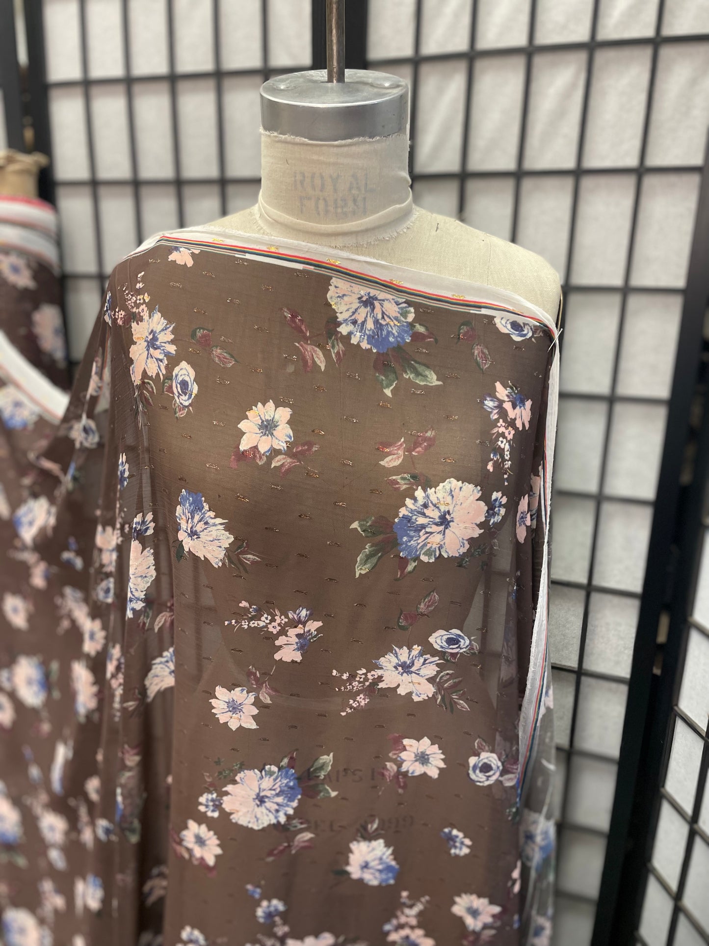 Floral Poly Chiffon - Brown, Pink, Blue and Gold